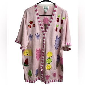 The Quacker Factory Pink Ice Cream Fruit Short Sleeve Sweater Embroidered SZ 1X